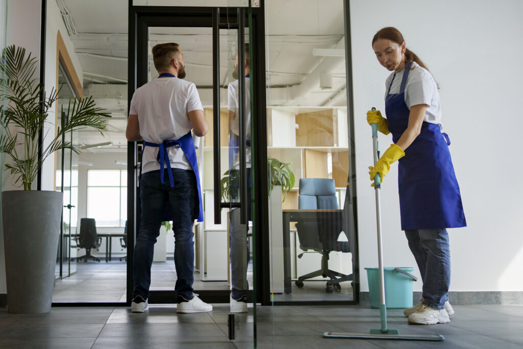 Clean and organized office maintained through expert office cleaning services .