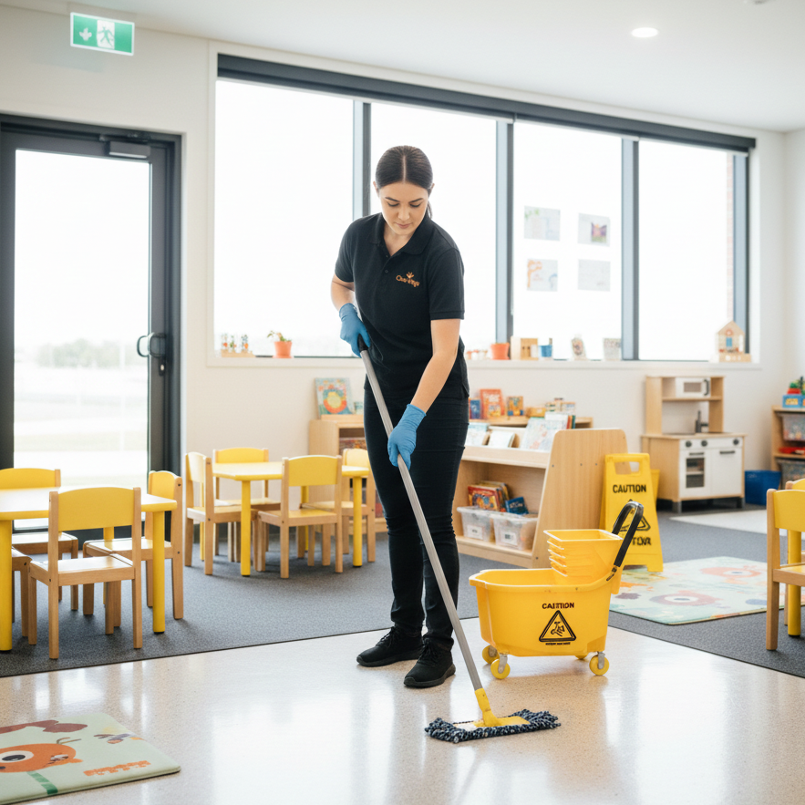 Cleaning procedures in a childcare setting in Australia carried out by Clean Kings professionals.