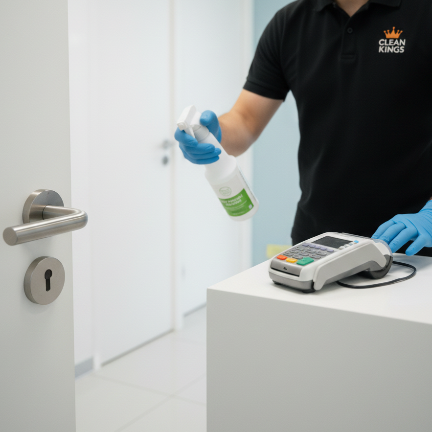 Healthcare cleaning staff disinfecting high-touch surfaces in a medical centrer