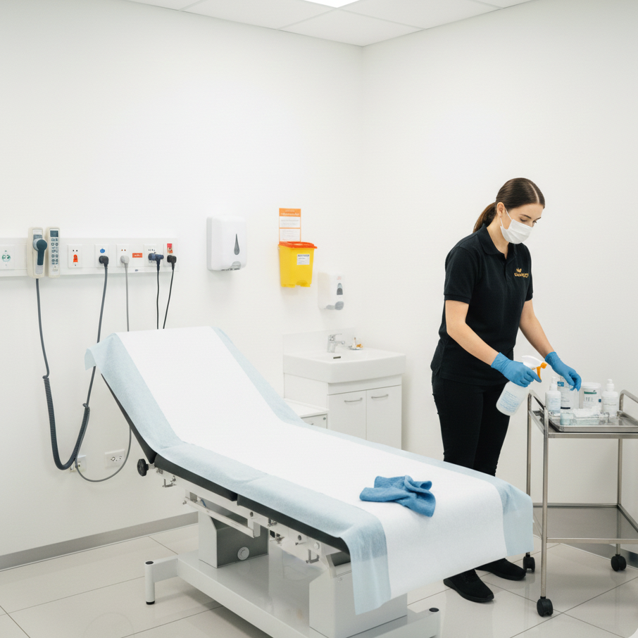 Infection control cleaning inside a medical centre treatment room in Australia