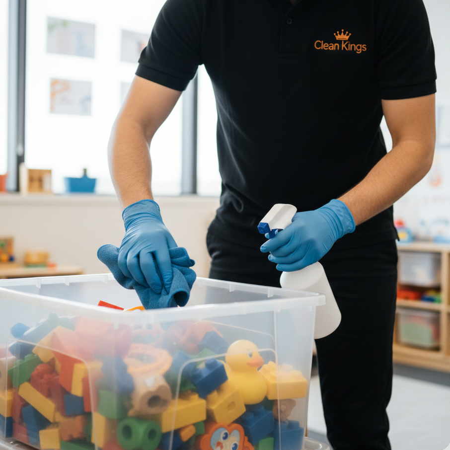 Clean Kings childcare cleaners disinfecting toys as part of infection control procedures in Australia.