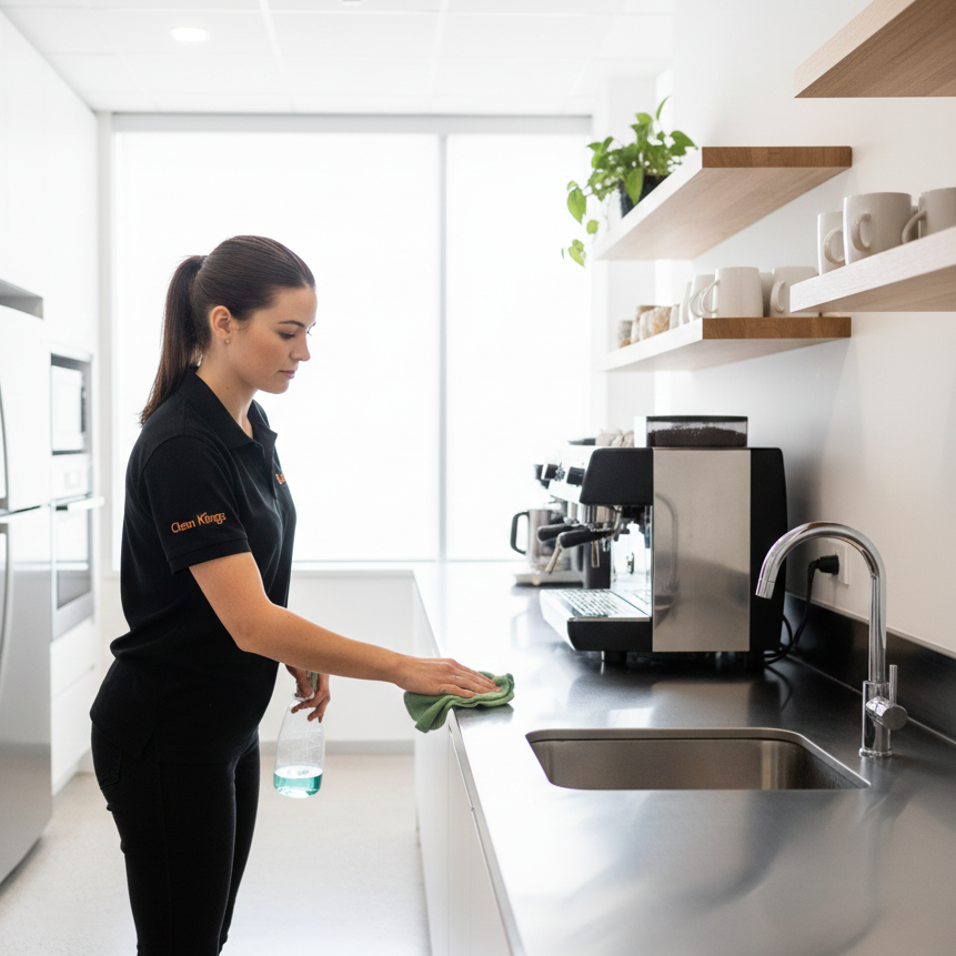 Cleaning office kitchen as part of professional office cleaning services.