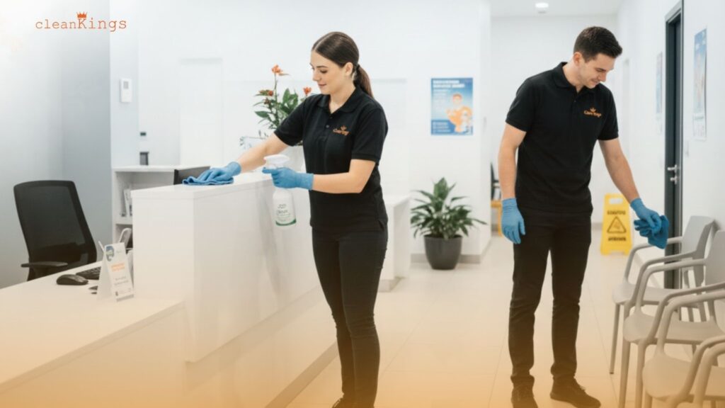 Medical centre cleaning professionals following infection control cleaning standards in Australia