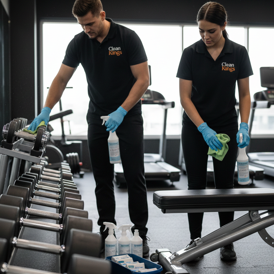 Gym cleaning service disinfecting equipment in an Australian fitness centre