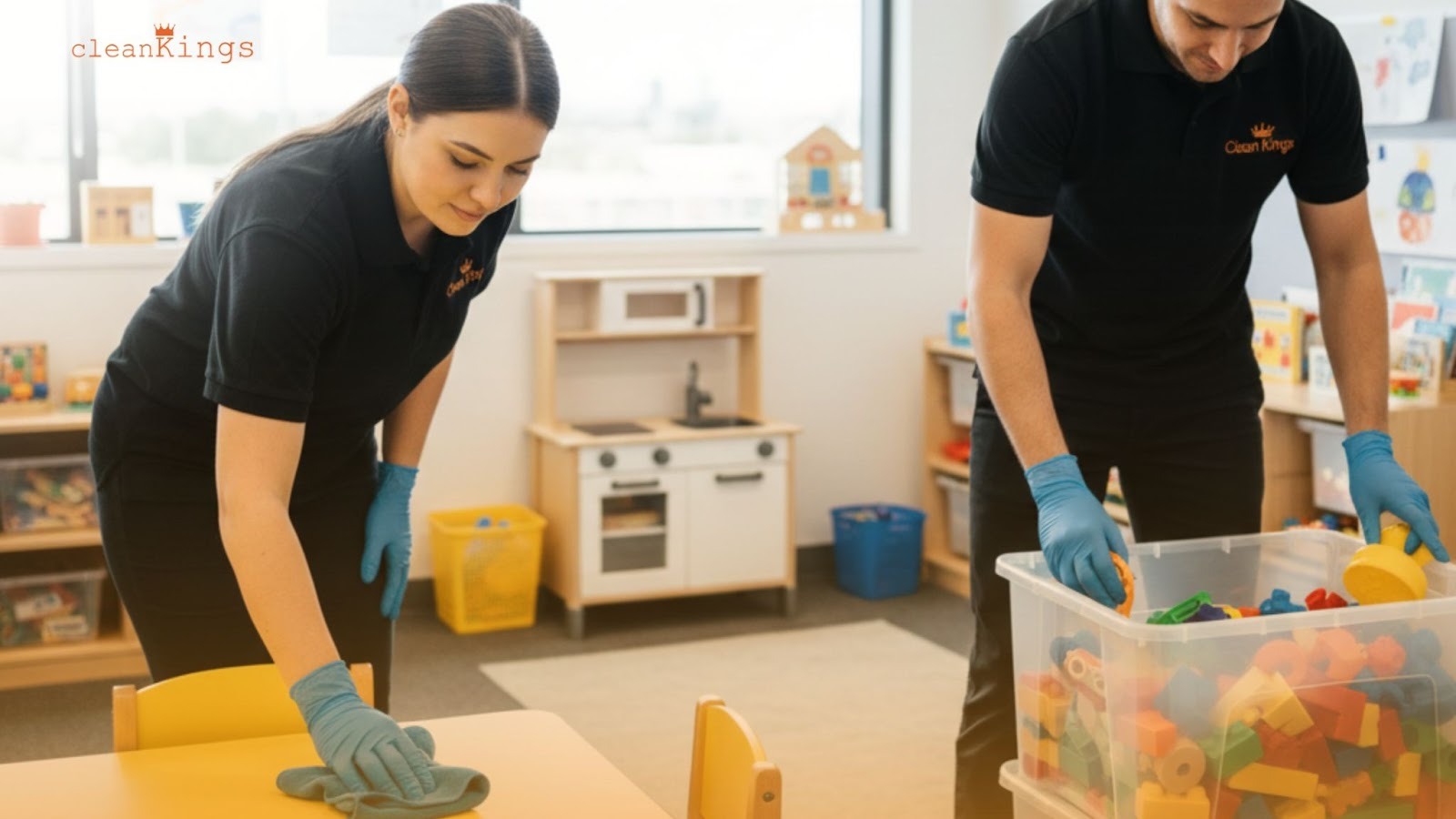 Childcare cleaning services in Australia with Clean Kings professionals maintaining a hygienic and safe learning environment.